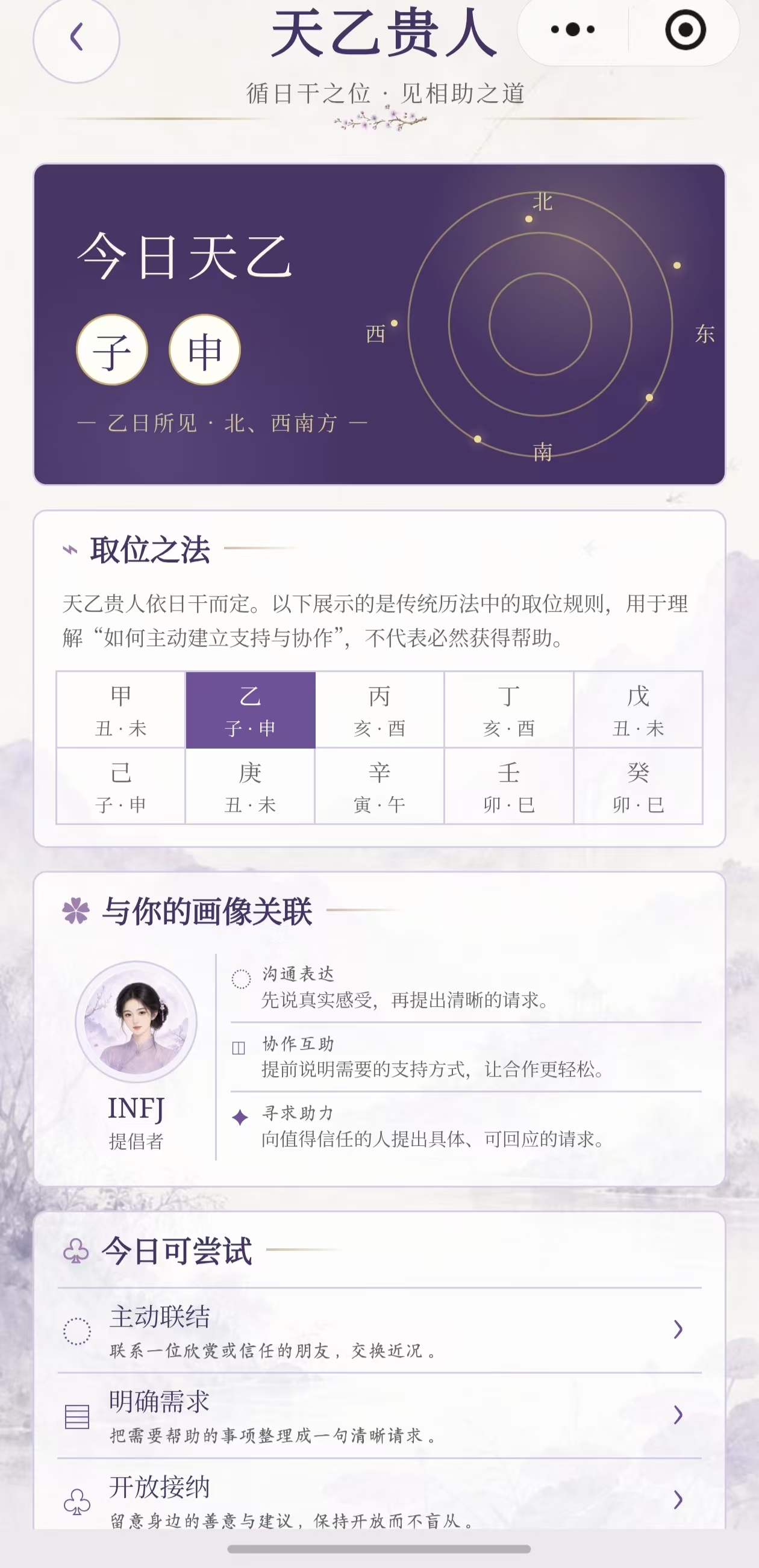 我运天乙贵人页，展示传统取位规则、画像关联和求助练习